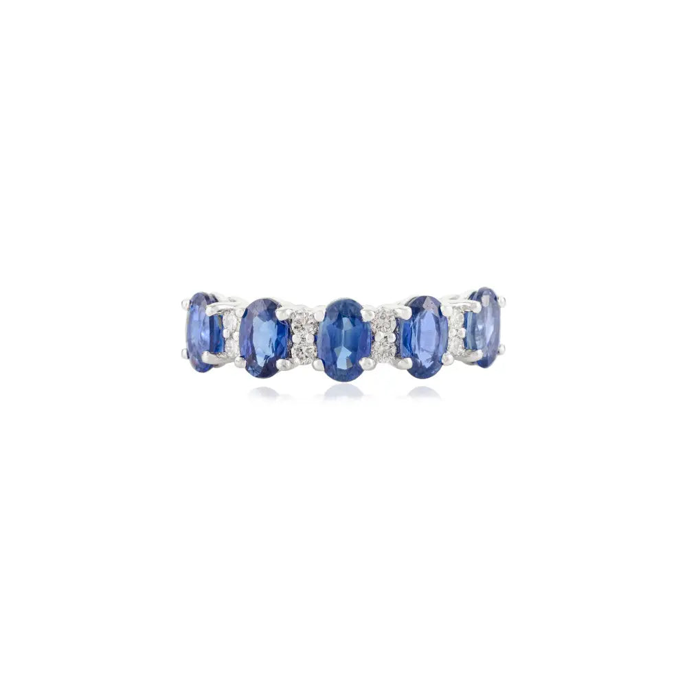 Oval Blue Sapphire & Diamond Half Eternity Band Ring Real K18 White Gold Everyday Jewelry