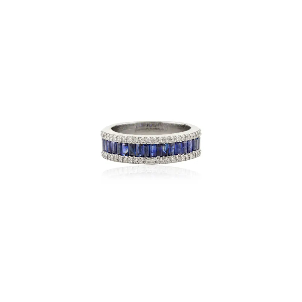 New Trendy Blue Sapphire & Diamond 14K White Gold Wedding Band Ring Statement Jewelry