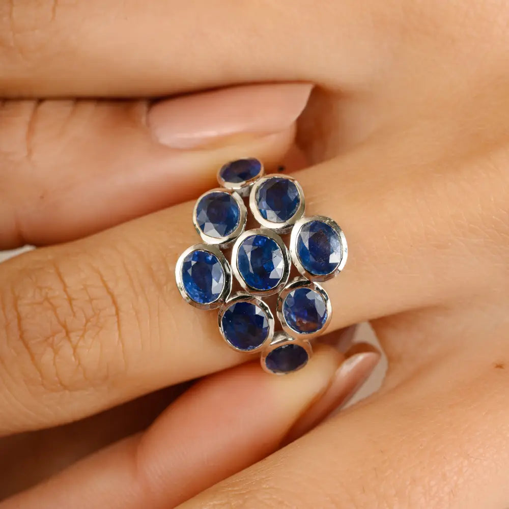 Bezel Set Blue Sapphire Statement Gemstone Ring 18K Real White Gold September Birthstone
