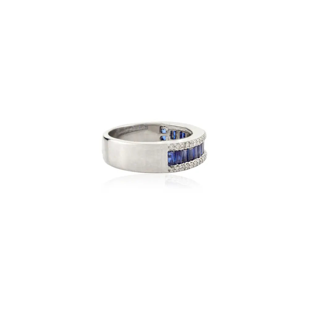 New Trendy Blue Sapphire & Diamond 14K White Gold Wedding Band Ring Statement Jewelry