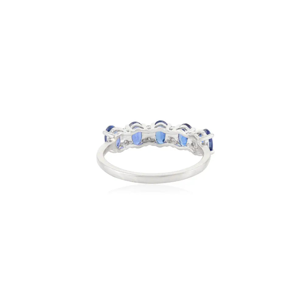 Oval Blue Sapphire & Diamond Half Eternity Band Ring Real K18 White Gold Everyday Jewelry