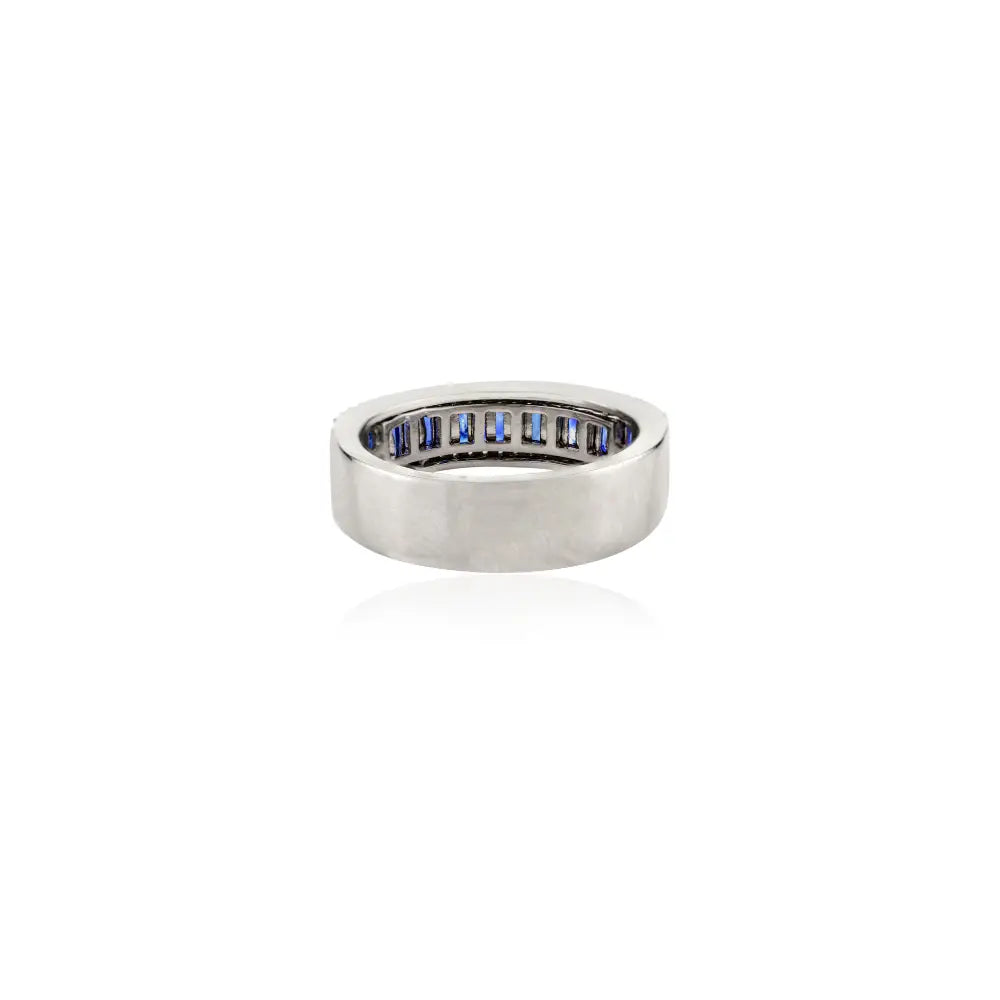 New Trendy Blue Sapphire & Diamond 14K White Gold Wedding Band Ring Statement Jewelry