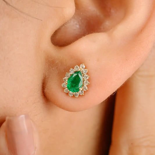 14K Solid Yellow Gold Pear Shape Emerald & Round Diamond Cluster Stud Earrings For Women