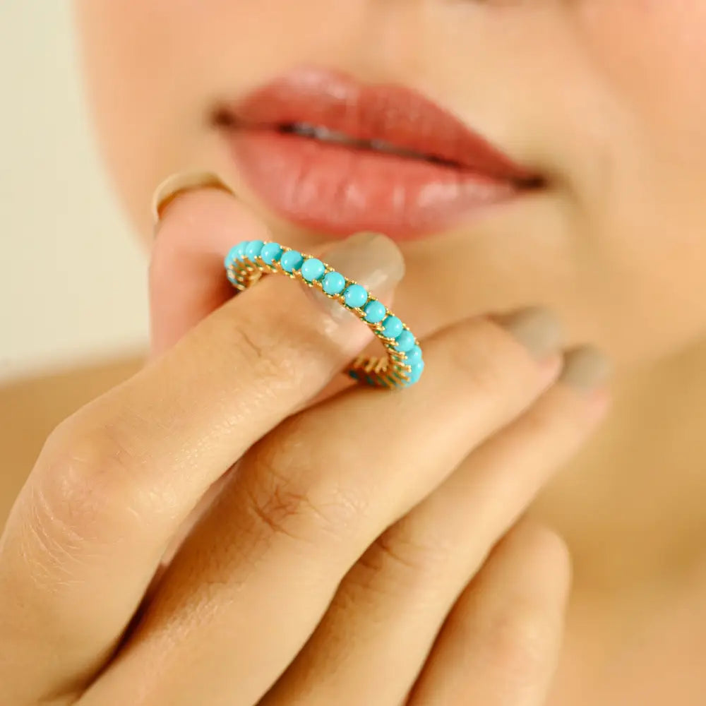 2mm Round Cut Turquoise Full Eternity Band Ring Stacking Everyday Jewelry 14K Yellow Gold