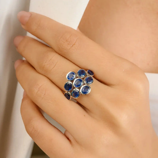 Bezel Set Blue Sapphire Statement Gemstone Ring 18K Real White Gold September Birthstone