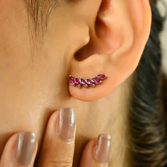 100% Genuine Marquise Ruby Wings Shape Ear Climber Earrings Real K14 White Gold Jewelry