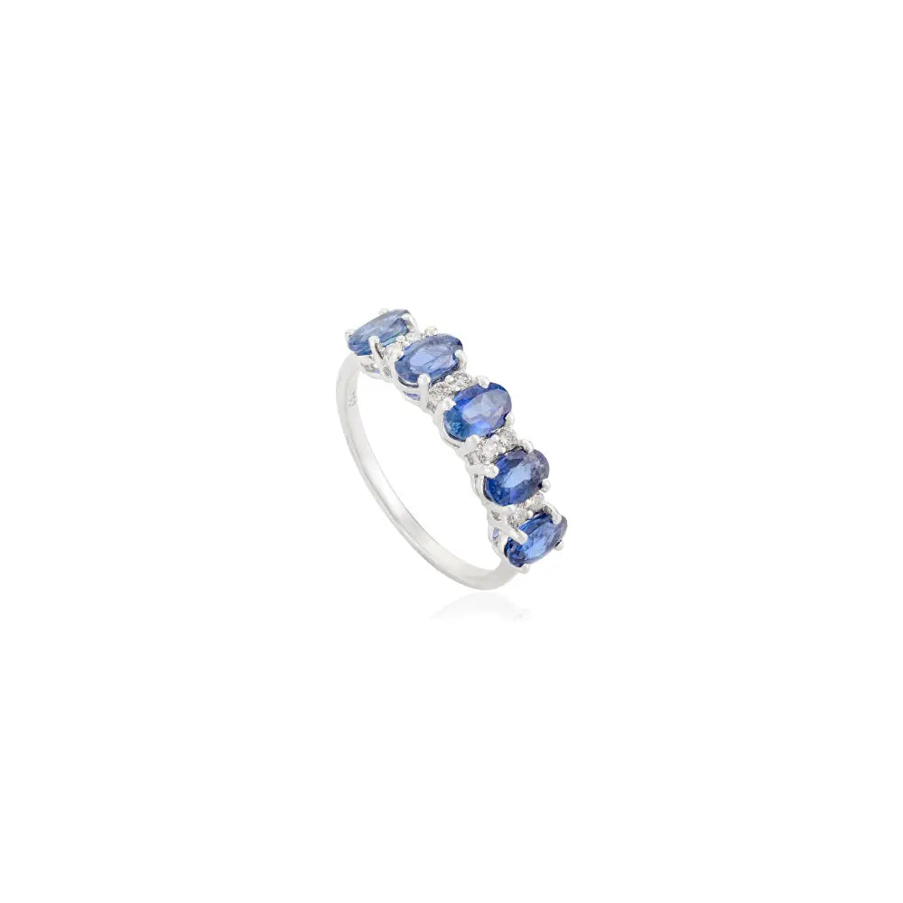 Oval Blue Sapphire & Diamond Half Eternity Band Ring Real K18 White Gold Everyday Jewelry