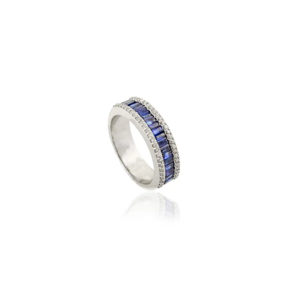 New Trendy Blue Sapphire & Diamond 14K White Gold Wedding Band Ring Statement Jewelry