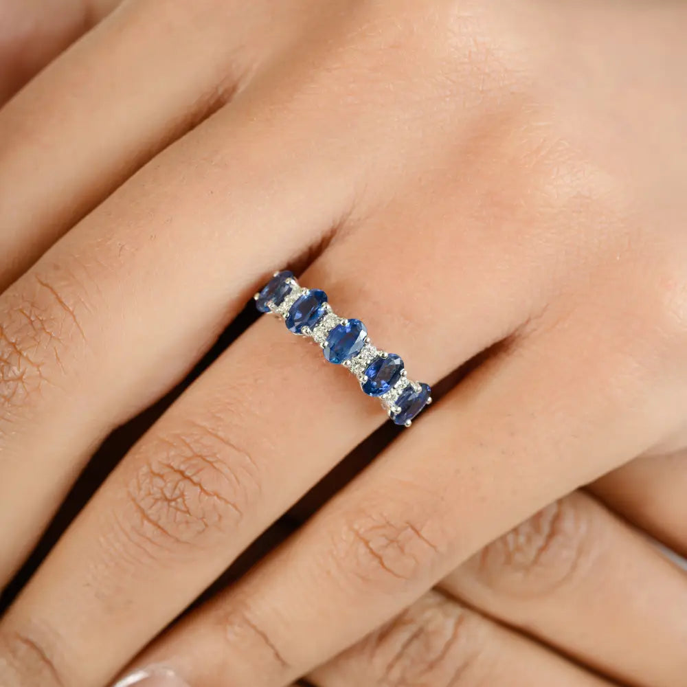Oval Blue Sapphire & Diamond Half Eternity Band Ring Real K18 White Gold Everyday Jewelry
