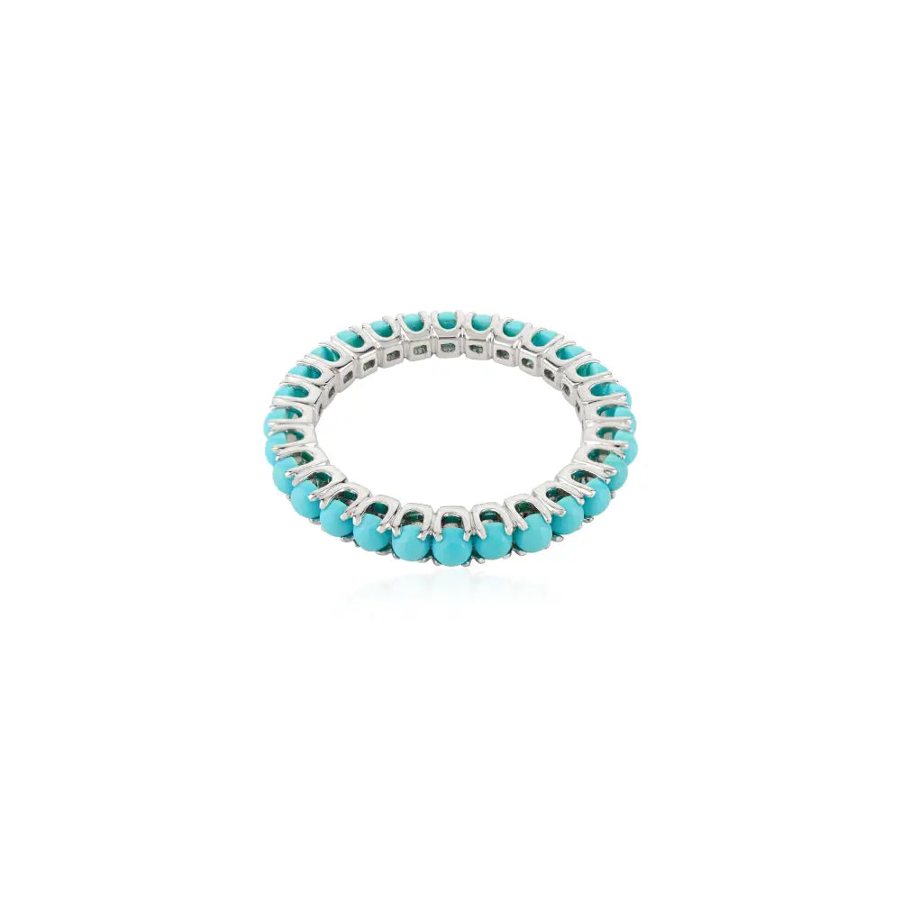Elegant Fine Turquoise Gemstone Stackable Full Eternity Band Ring 14K White Gold Jewelry