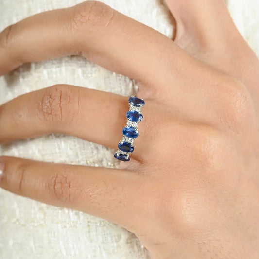 Oval Blue Sapphire & Diamond Half Eternity Band Ring Real K18 White Gold Everyday Jewelry