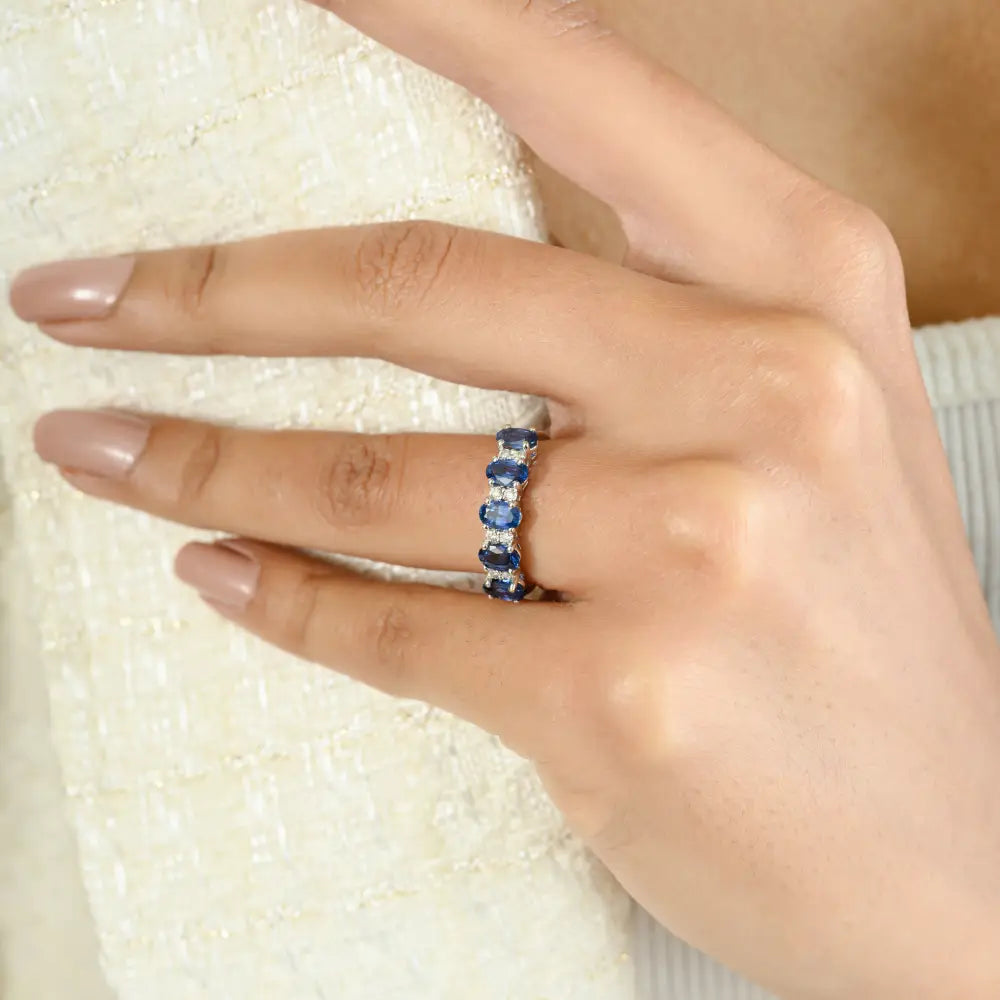 Oval Blue Sapphire & Diamond Half Eternity Band Ring Real K18 White Gold Everyday Jewelry