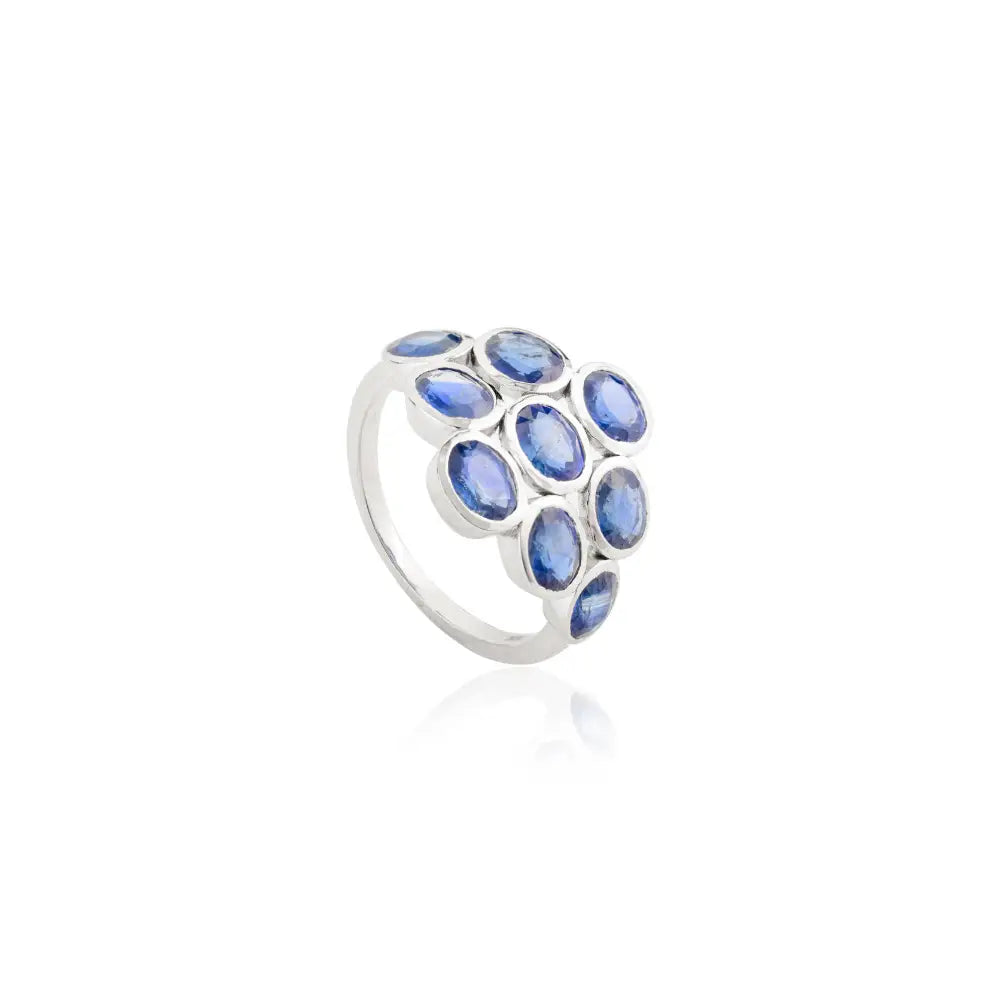 Bezel Set Blue Sapphire Statement Gemstone Ring 18K Real White Gold September Birthstone