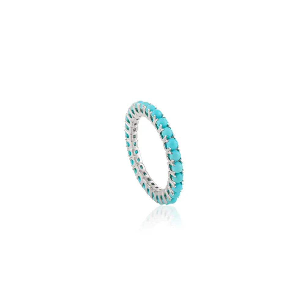 Elegant Fine Turquoise Gemstone Stackable Full Eternity Band Ring 14K White Gold Jewelry