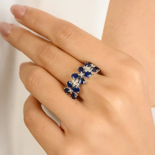 Stunning Blue Sapphire & Diamond Triple Flower Statement Ring Wedding Jewelry 14K White Gold