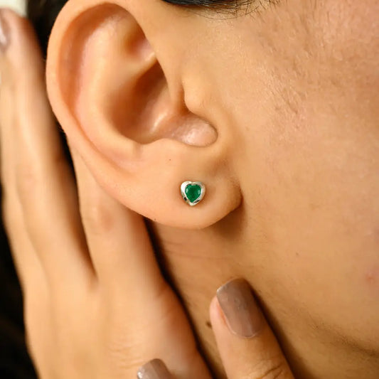 Dainty Minimalist Emerald Heart Shape Stud Earrings 14K White Gold New Arrivals Jewelry