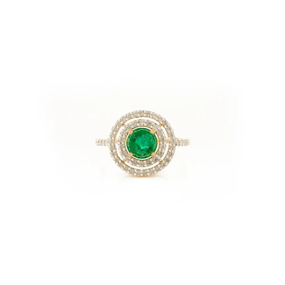 Round Cut Emerald & Diamond Double Cluster Engagement Ring Pure K18 Yellow Gold Jewelry