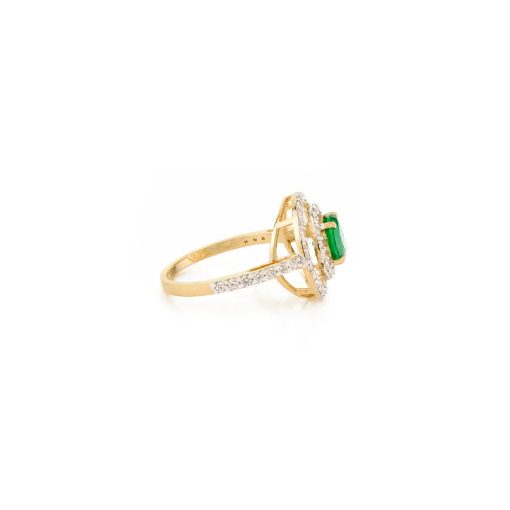 Round Cut Emerald & Diamond Double Cluster Engagement Ring Pure K18 Yellow Gold Jewelry
