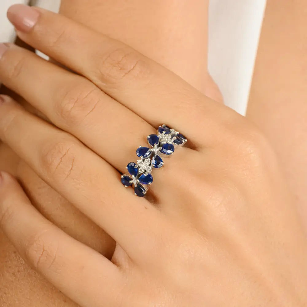 Stunning Blue Sapphire & Diamond Triple Flower Statement Ring Wedding Jewelry 14K White Gold