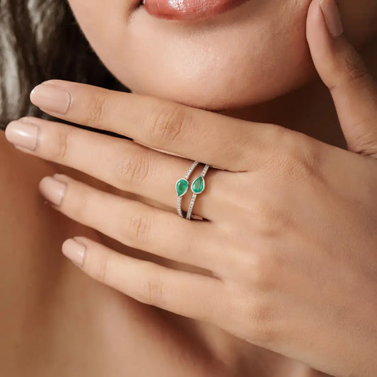 100% Real Emerald & Diamond Double Band Ring Handmade K14 Solid White Gold Latest Jewelry