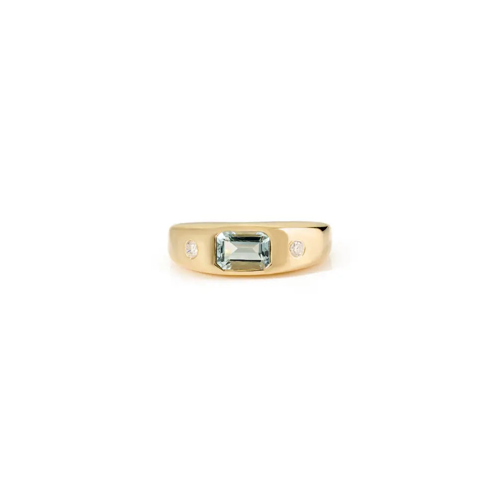 March Birthstone Aquamarine & Diamond Chunky Signet Ring 18K Gold Wedding Jewelry