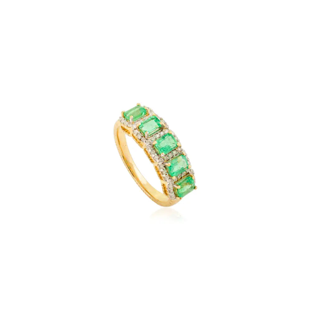 Solid K14 Yellow Gold Natural Emerald & Diamond Halo Half Eternity Band Ring Engagement Jewelry