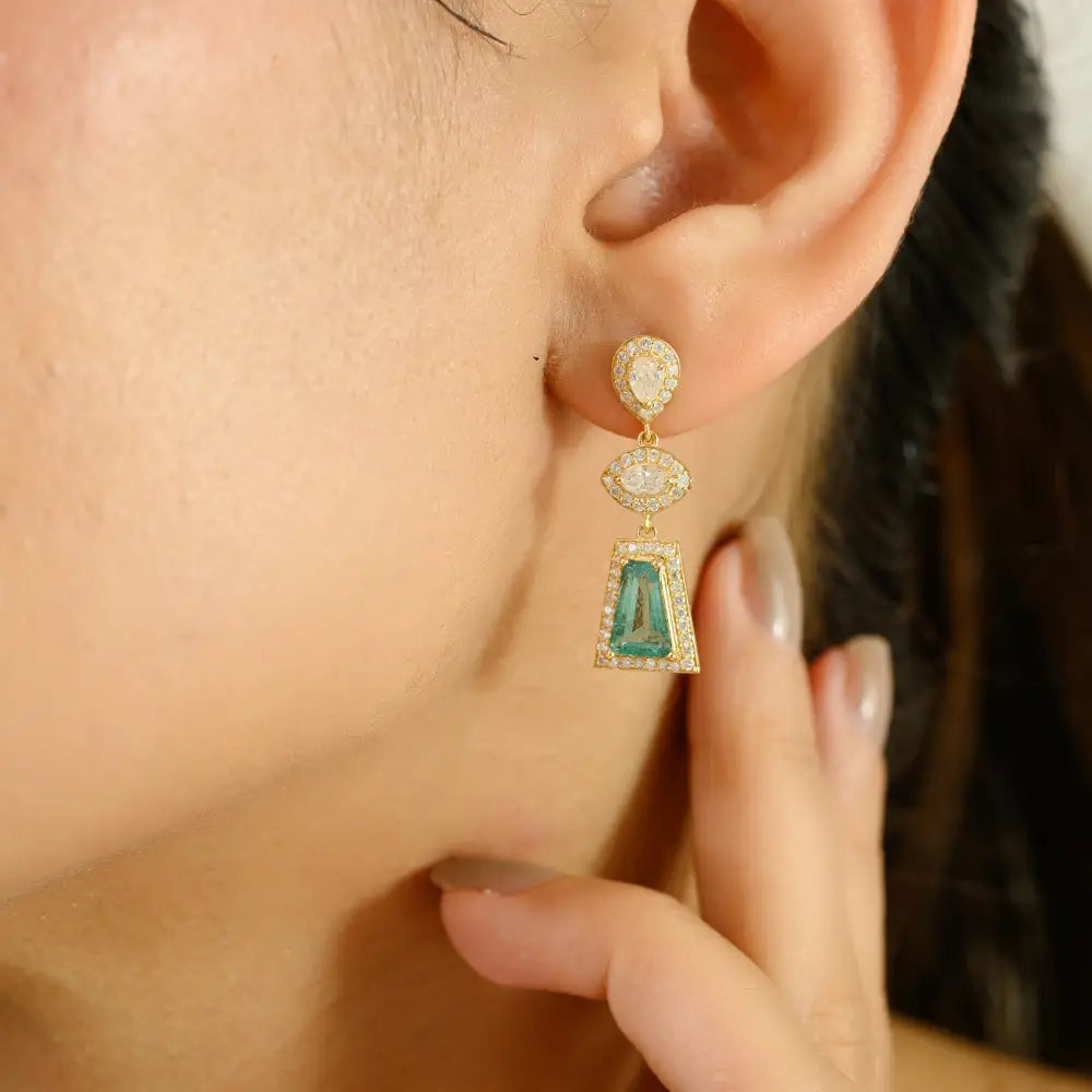 New Style 18K Yellow Gold Emerald & Diamond Statement Dangle Earrings Handmade Jewelry