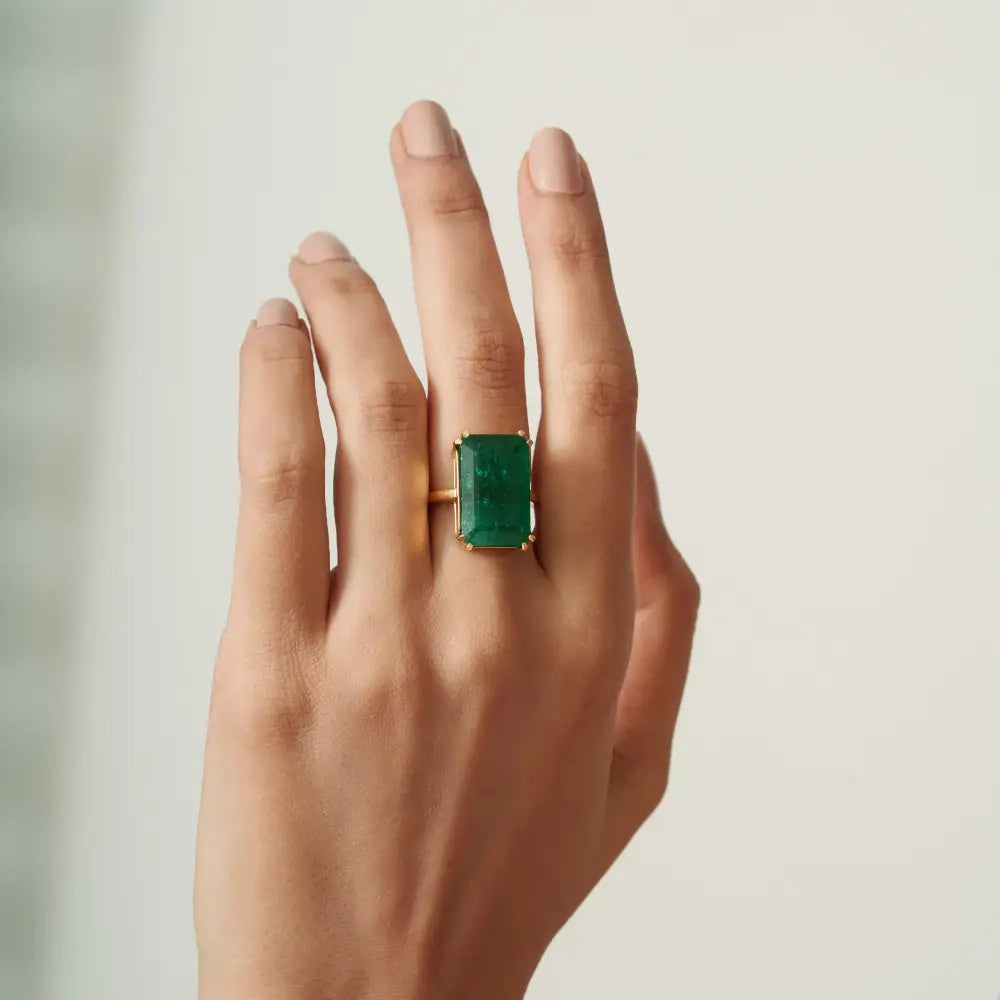 Double Prong Set 12.6 Ct. Emerald Single Stone Ring Wedding 18K Pure Yellow Gold Jewelry