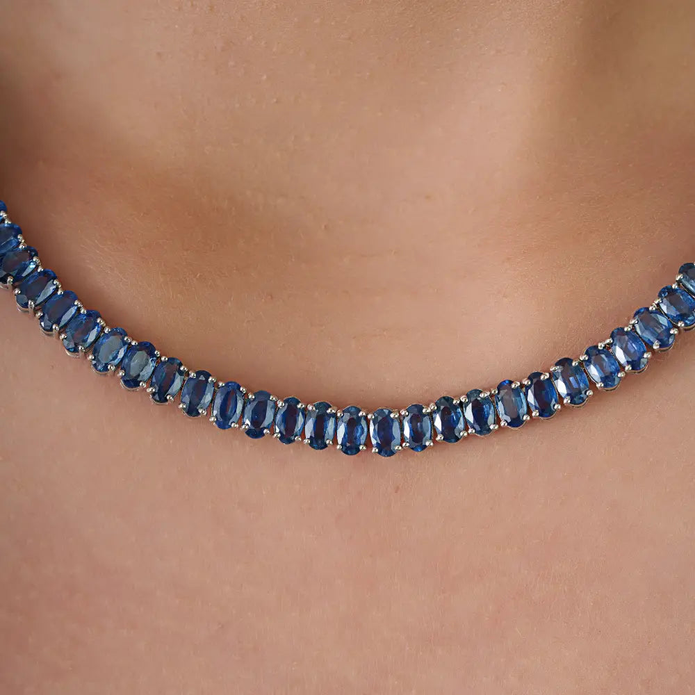 Handmade Design Blue Sapphire 14K White Gold Statement Tennis Necklace For Wedding