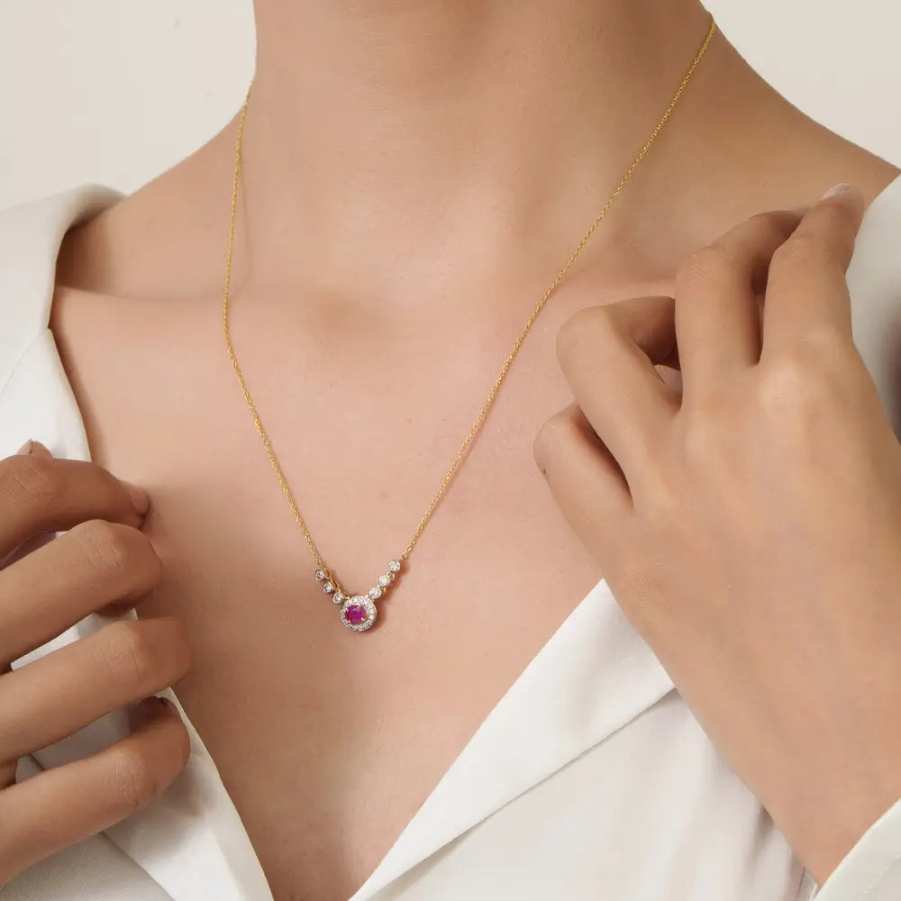 100% Genuine Ruby & Diamond Halo Pendant Necklace K14 Real Yellow Gold Fine Jewelry