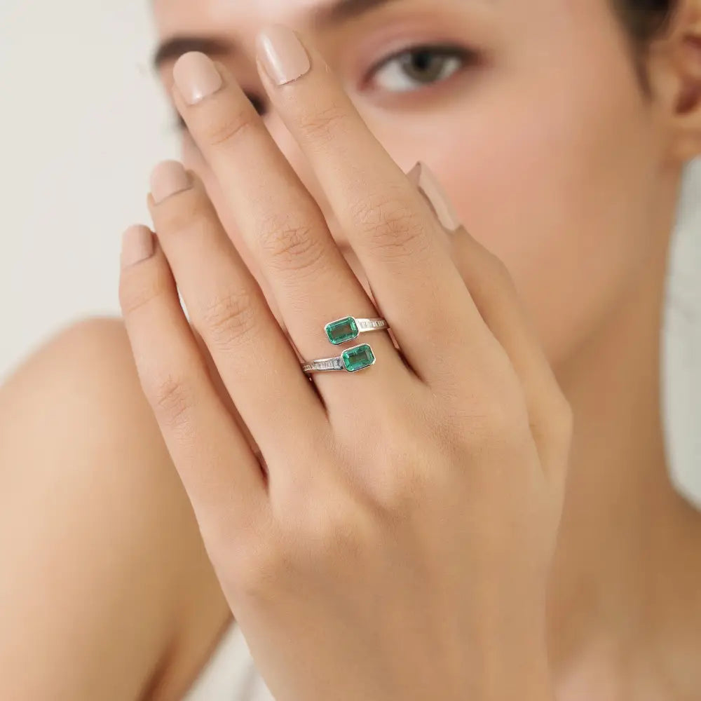 Bezel Set Emerald & Diamond Latest Design Bypass Ring K14 White Gold Fine Custom Jewelry