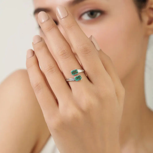 Bezel Set Emerald & Diamond Latest Design Bypass Ring K14 White Gold Fine Custom Jewelry