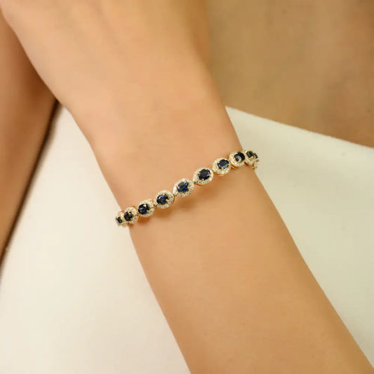 Oval Shape Blue Sapphire & Round Cut Diamond 14K Solid Gold Halo Tennis Bracelet