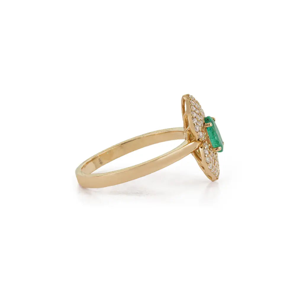 High End Quality Emerald & Diamond Solid K14 Yellow Gold Double Cluster Ring Wedding Jewelry