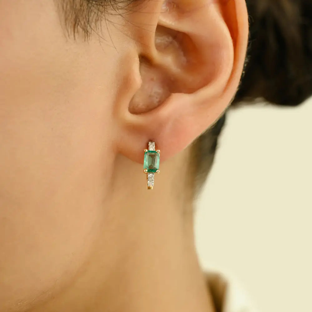 Natural Gemstone Zambian Emerald & Diamond Minimal Hoop Earrings Women 14K Real Gold