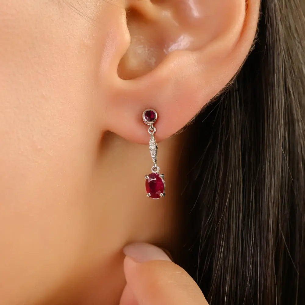 Real Gemstone Ruby & Diamond Small Drop Earrings Anniversary Gift 14K White Gold Jewelry