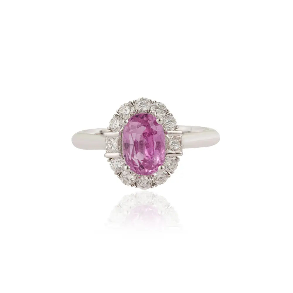 100% Natural Pink Sapphire & Diamond 18K White Gold Statement Halo Ring Birthstone Jewelry