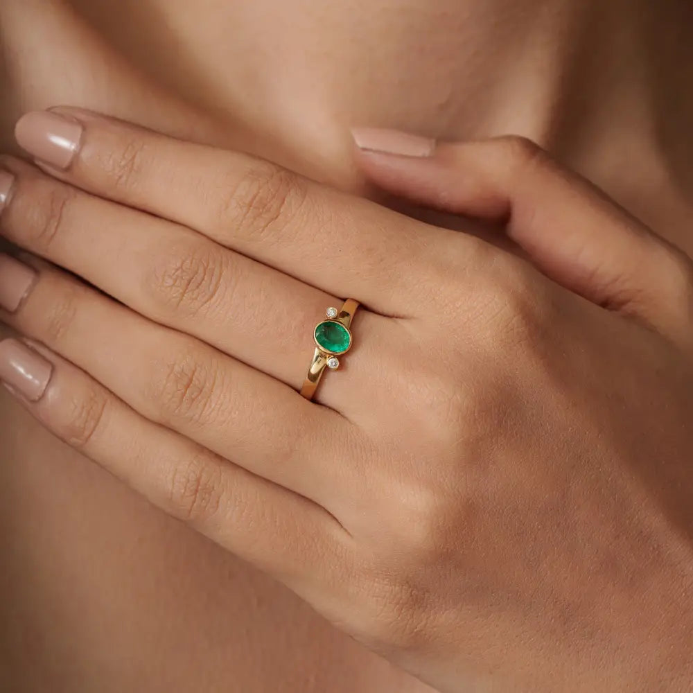 Bezel Set Emerald & Diamond K14 Pure Yellow Gold Minimal Gemstone Ring Stacking Jewelry