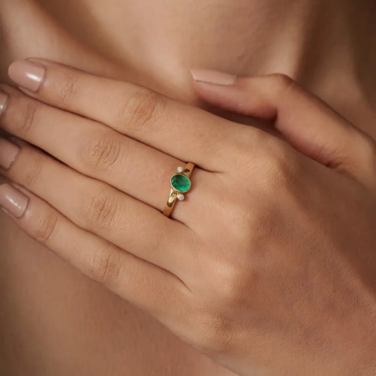 Bezel Set Emerald & Diamond K14 Pure Yellow Gold Minimal Gemstone Ring Stacking Jewelry