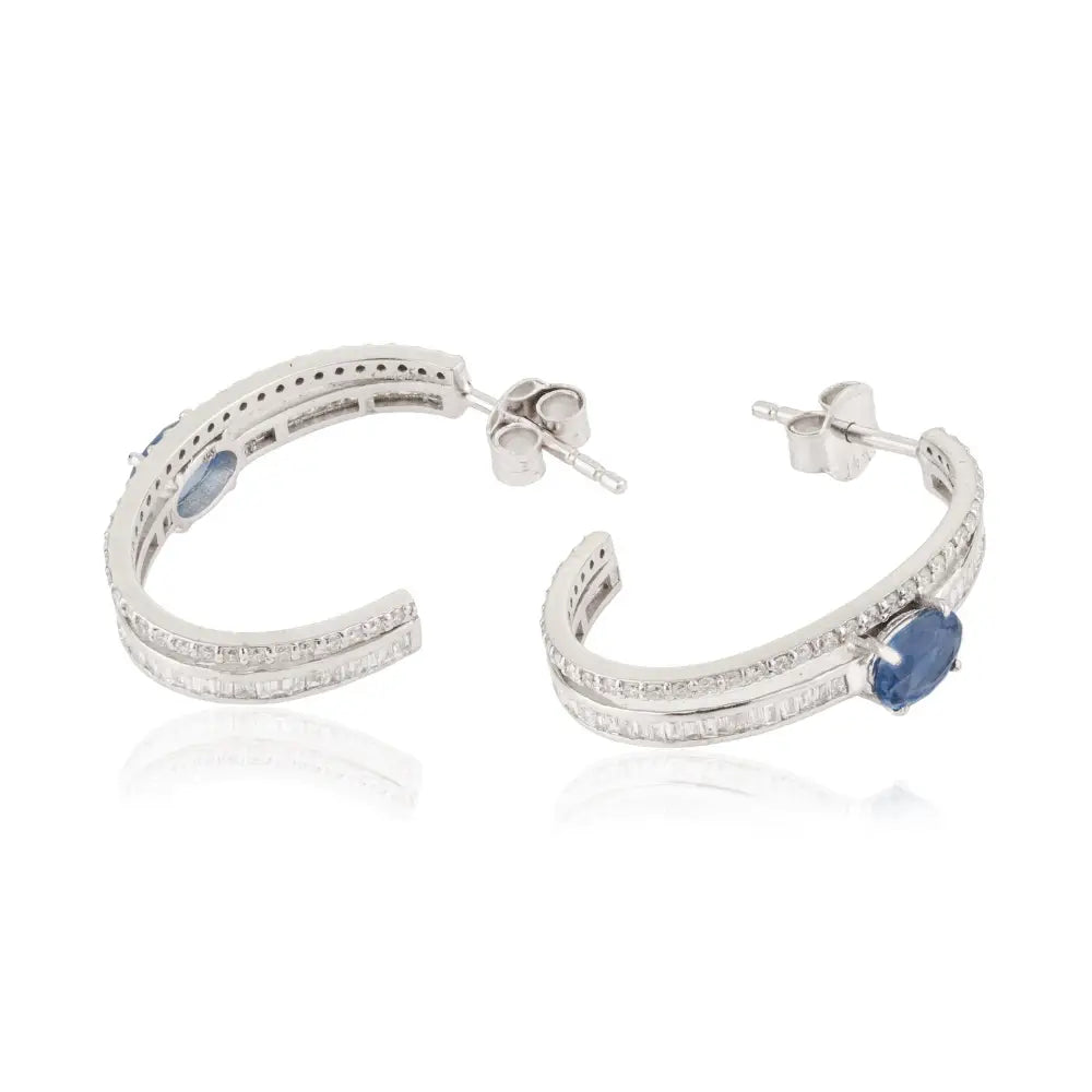 Latest Design Blue Sapphire & Diamond 14K White Gold C Shape Hoop Earrings For Women