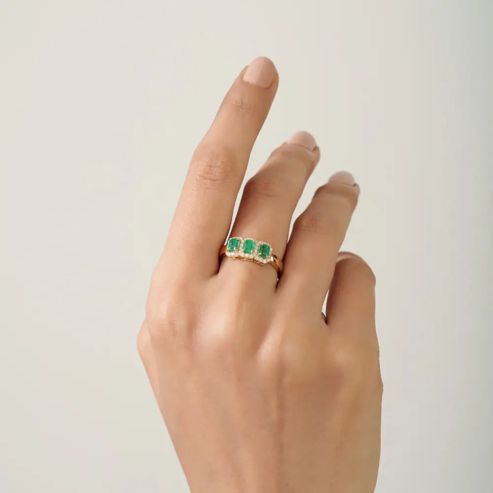 Octagon Cut Emerald & Round Diamond K14 Pure Yellow Gold Halo Three Stone Ring Unisex
