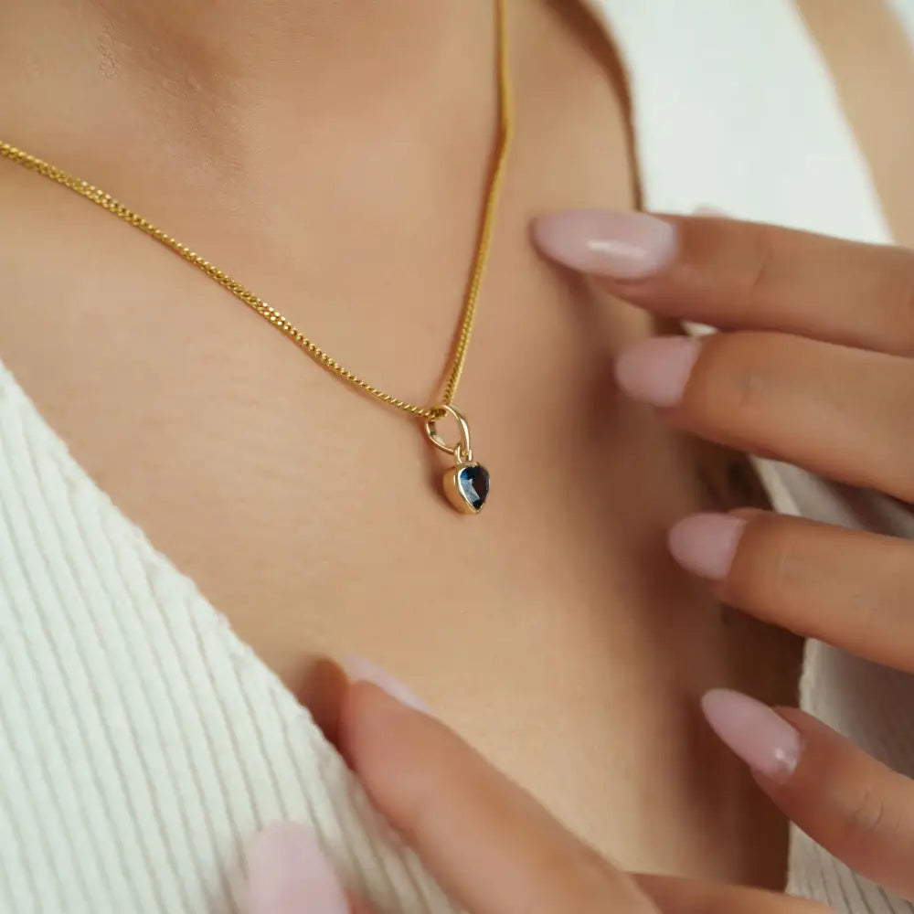 Delicate Blue Sapphire 14K Solid Yellow Gold Heart Shape Minimal Pendant Gift For Her Jewelry