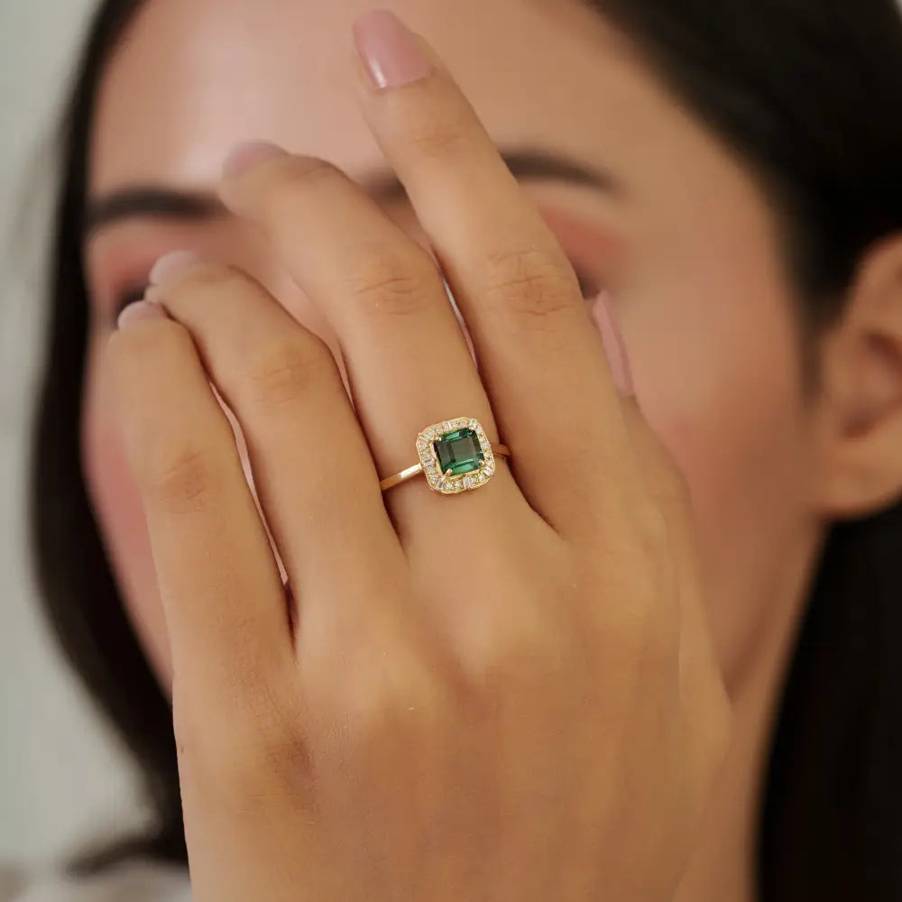 14K Real Yellow Gold Green Tourmaline & Diamond Halo Minimal Ring Stackable Jewelry