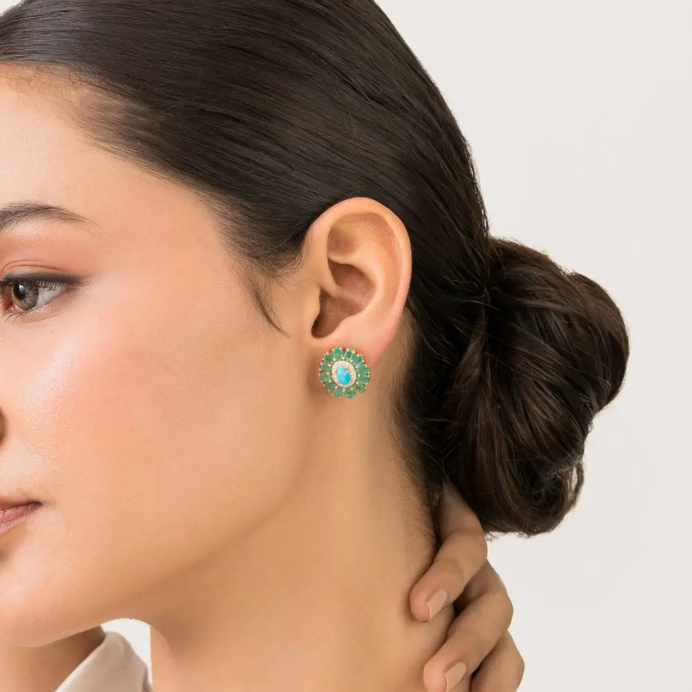 Natural Gemstone Emerald Turquoise & Diamond Floral Halo Stud Earrings 14K Yellow Gold