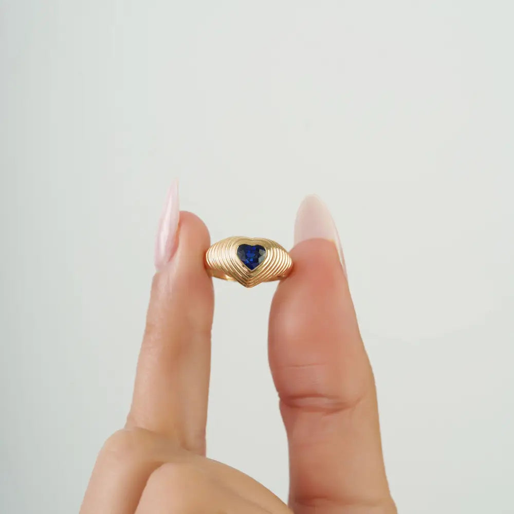 Gypsy Set Blue Sapphire Gemstone Heaty Shape Croissant Pinky Ring 14K Yellow Gold Jewelry