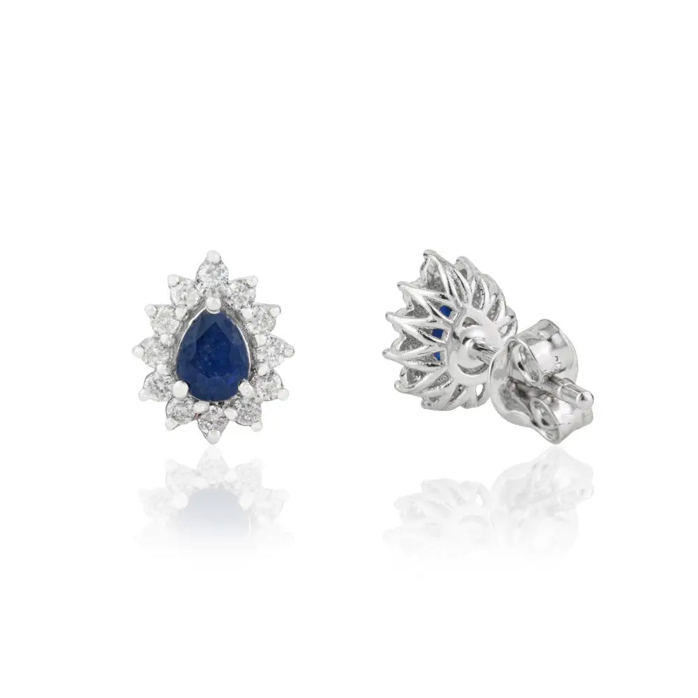 Prong Set Blue Sapphire & Diamond Pure 14K White Gold Cluster Stud Earrings Custom Jewelry