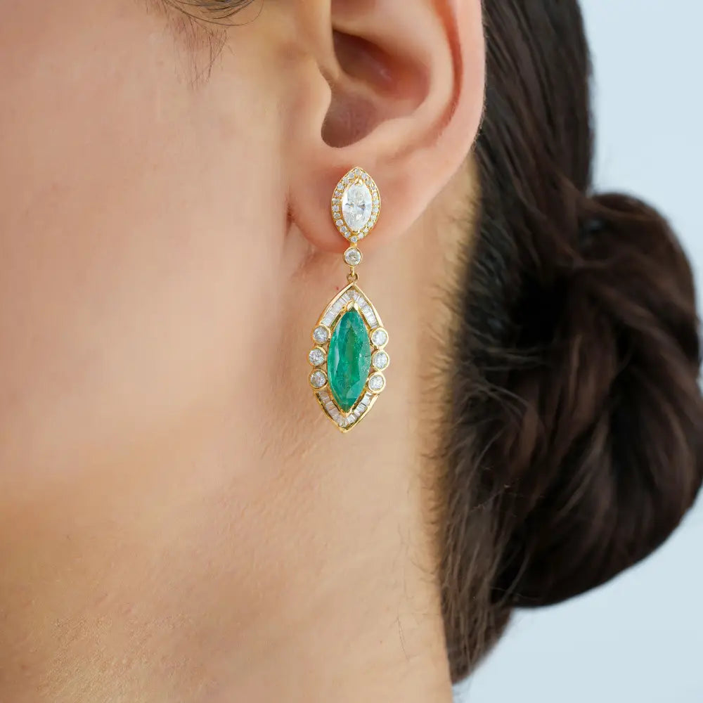 Luxurious Emerald & Diamond Marquise Shape Dangle Earrings Bold Jewelry 14K Yellow Gold