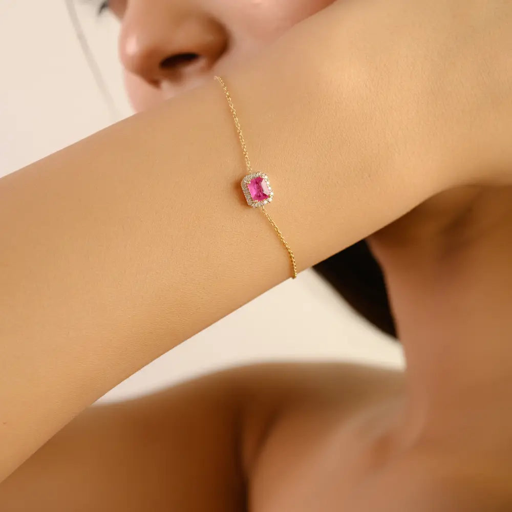 Prong Setting Ruby & Diamond 14K Real Gold Solitaire Halo Bracelet Gift For Wife New Collection