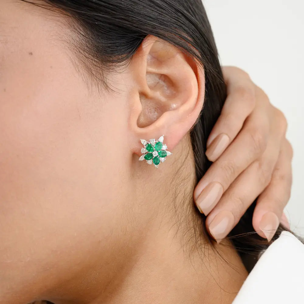 Emerald & Diamond 18K White Gold Flower Shape Stud Earrings Luxury Statement Jewelry
