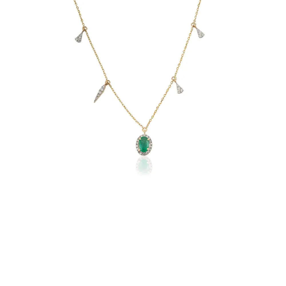 Elegant Design Emerald & Diamond Stacked Charm Chain Necklace Solid 14K Yellow Gold Jewelry